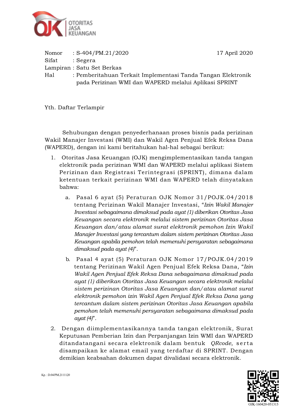 Surat OJK S-404-2020 Tanda Tangan Elektronik