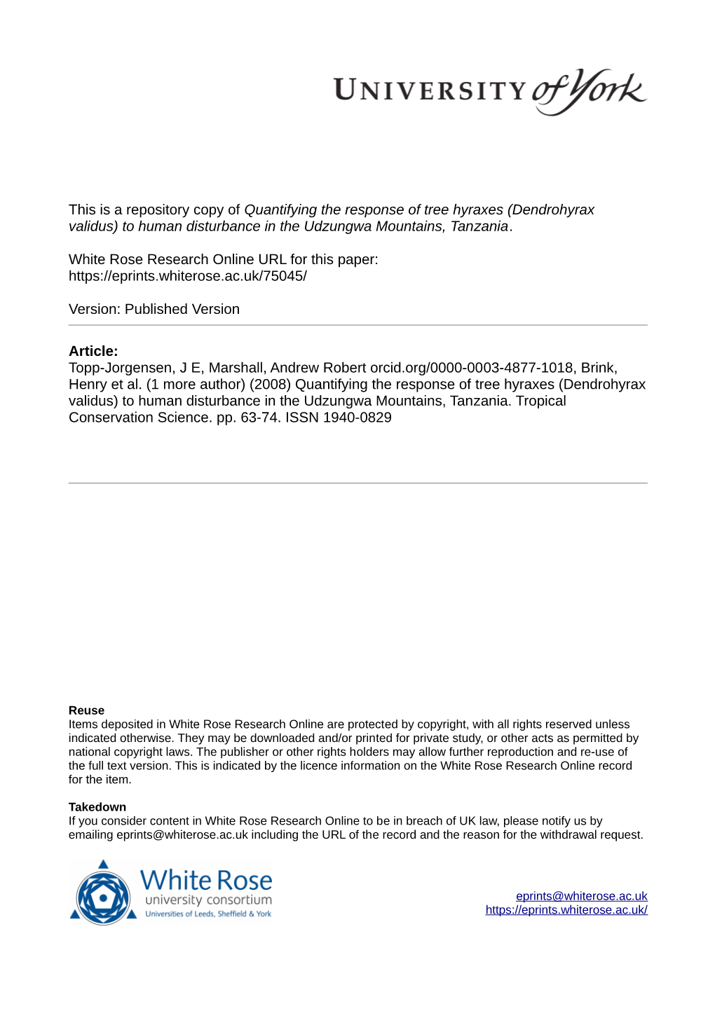 Quantifying the Response of Tree Hyraxes (Dendrohyrax Validus) to Human Disturbance in the Udzungwa Mountains, Tanzania