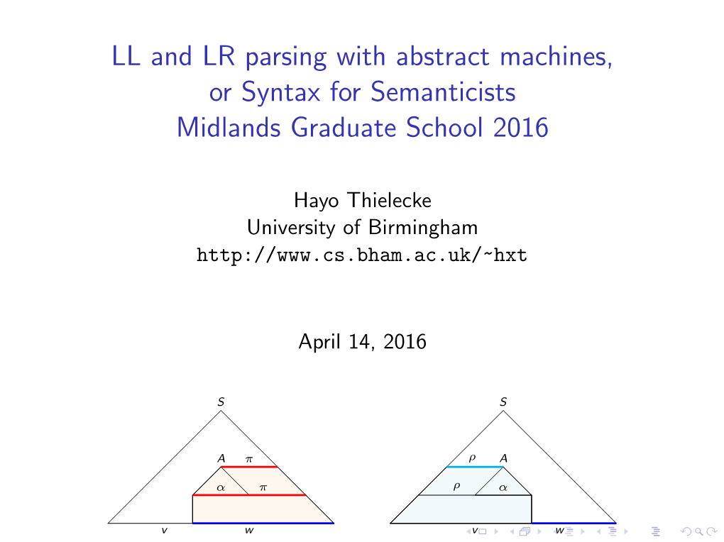 LL and LR Parsing with Abstract Machines, Or Syntax for Semanticists Midlands Graduate School 2016