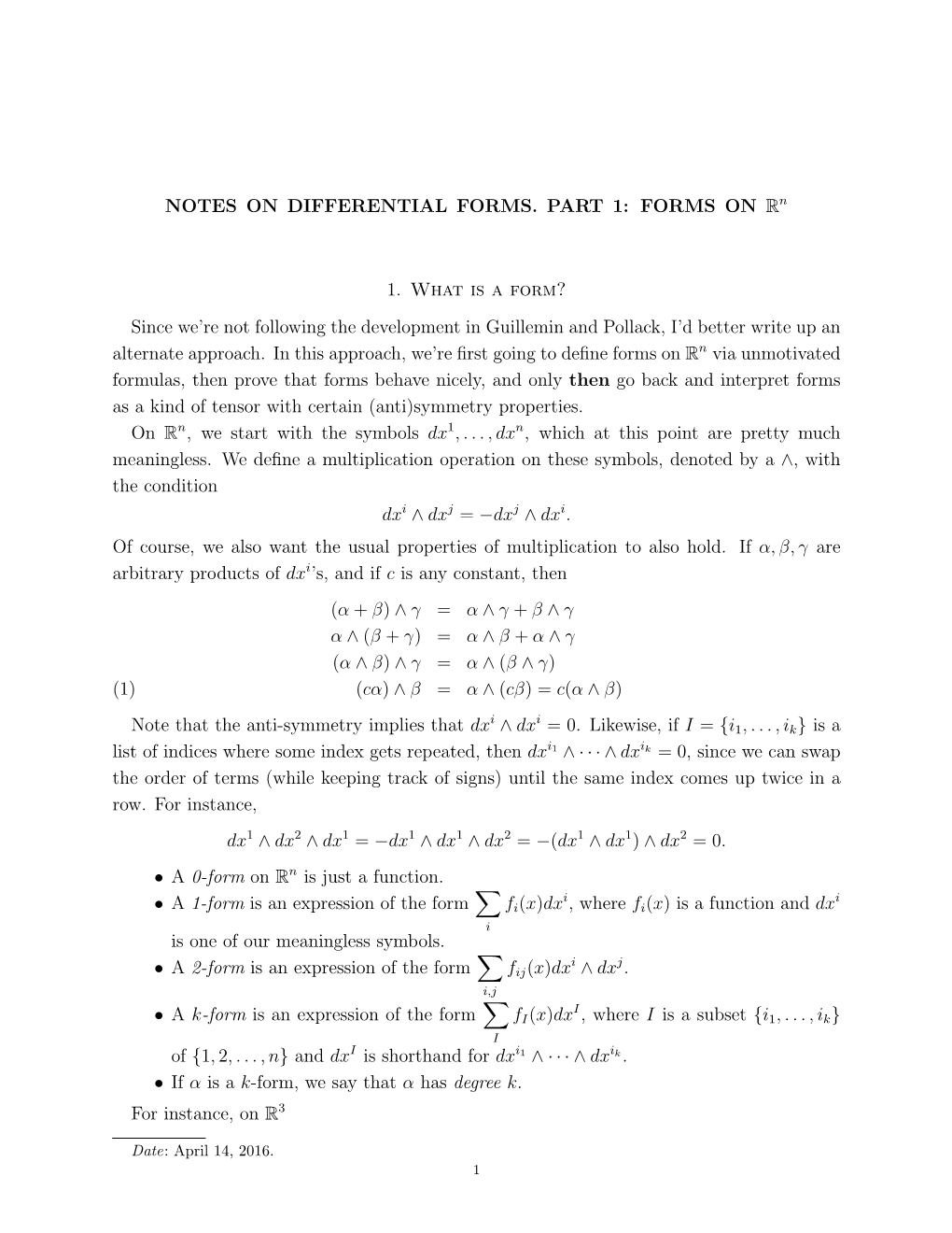 NOTES on DIFFERENTIAL FORMS. PART 1: FORMS on Rn