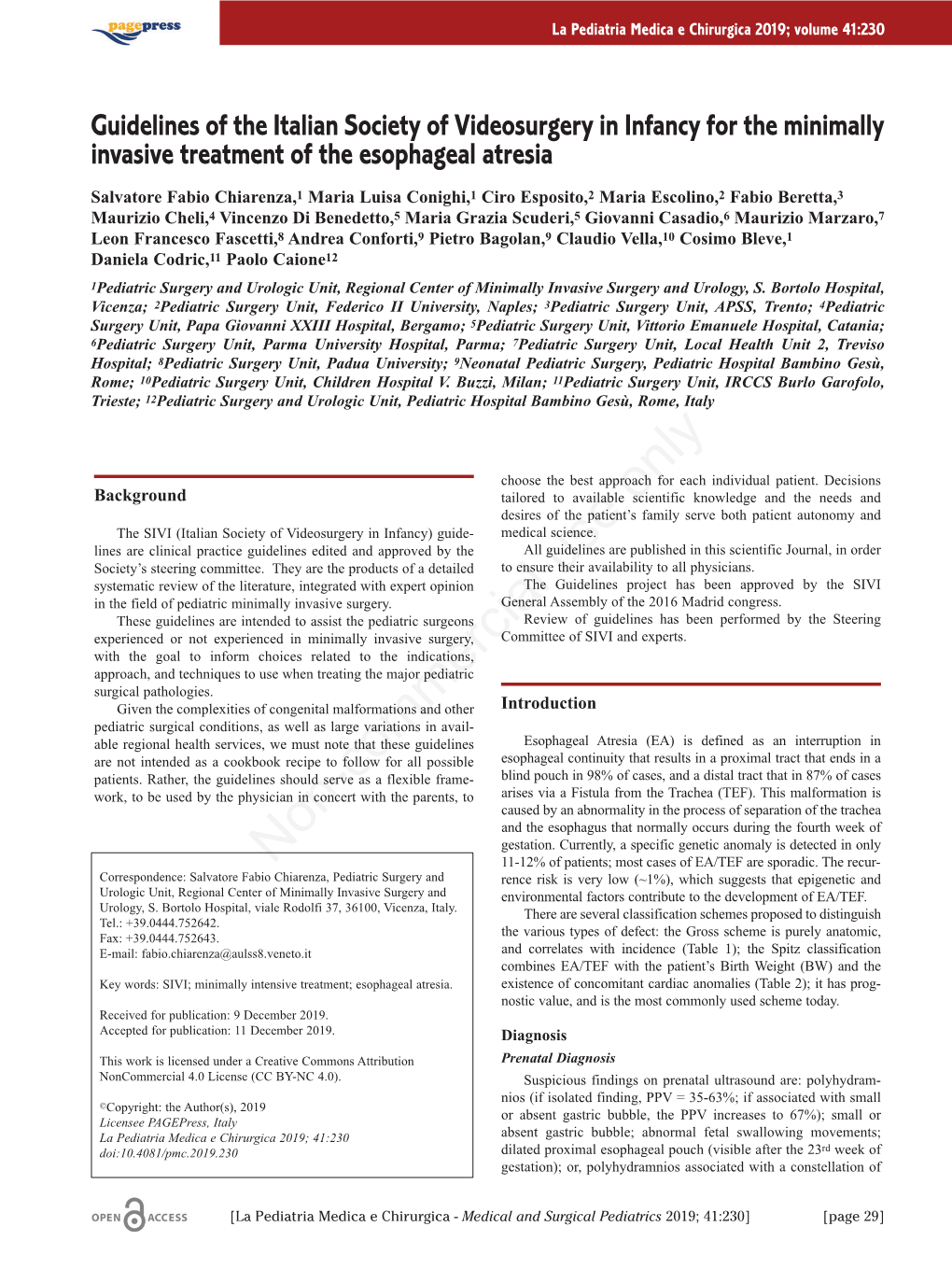 Guidelines of the Italian Society of Videosurgery in Infancy for the Minimally Invasive Treatment of the Esophageal Atresia