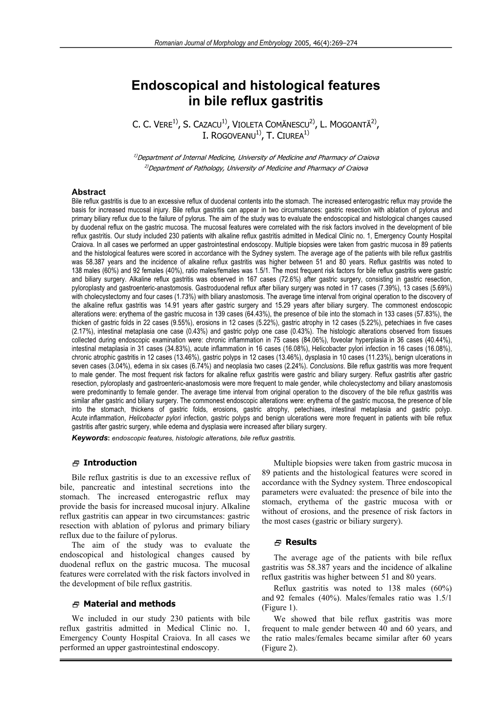 Endoscopical and Histological Features in Bile Reflux Gastritis