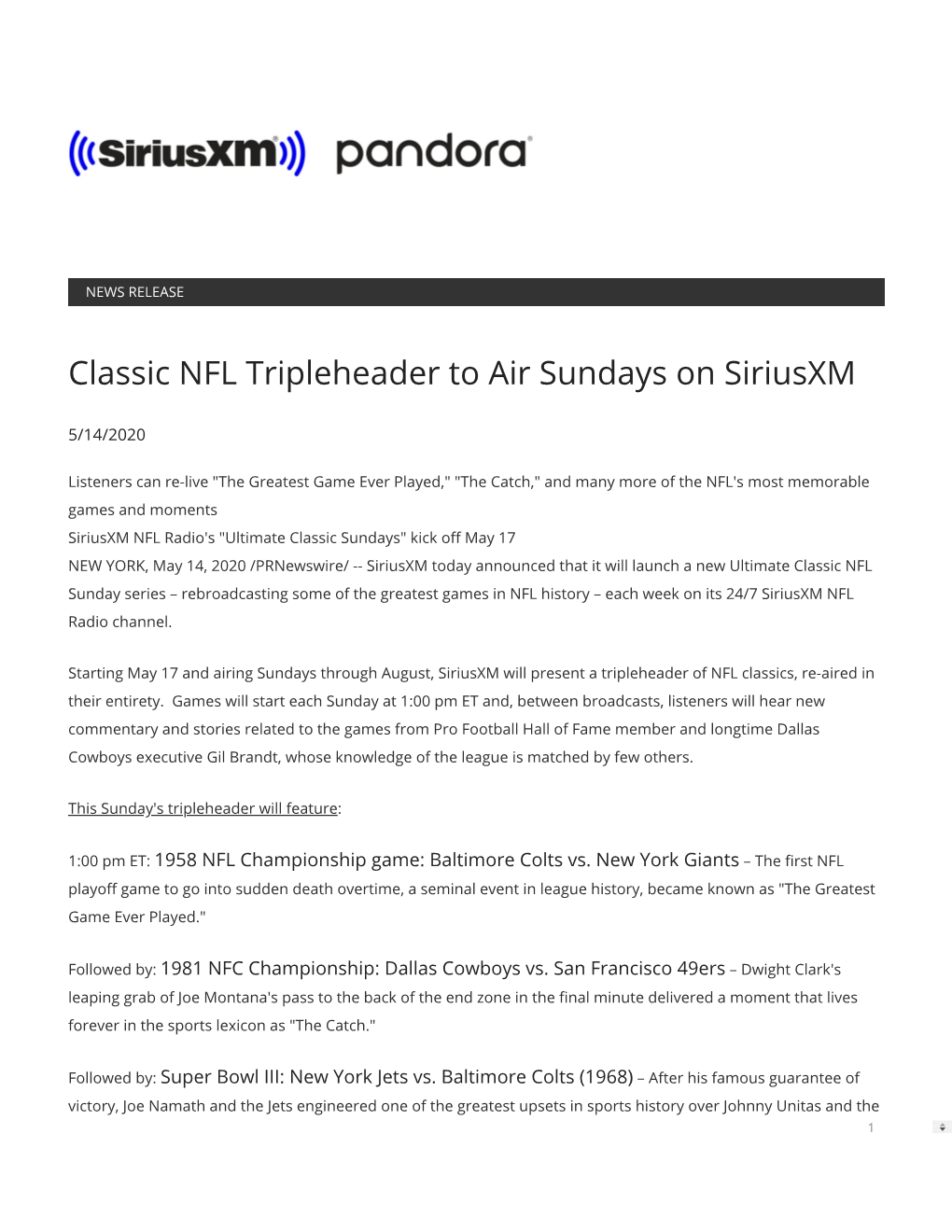 Classic NFL Tripleheader to Air Sundays on Siriusxm