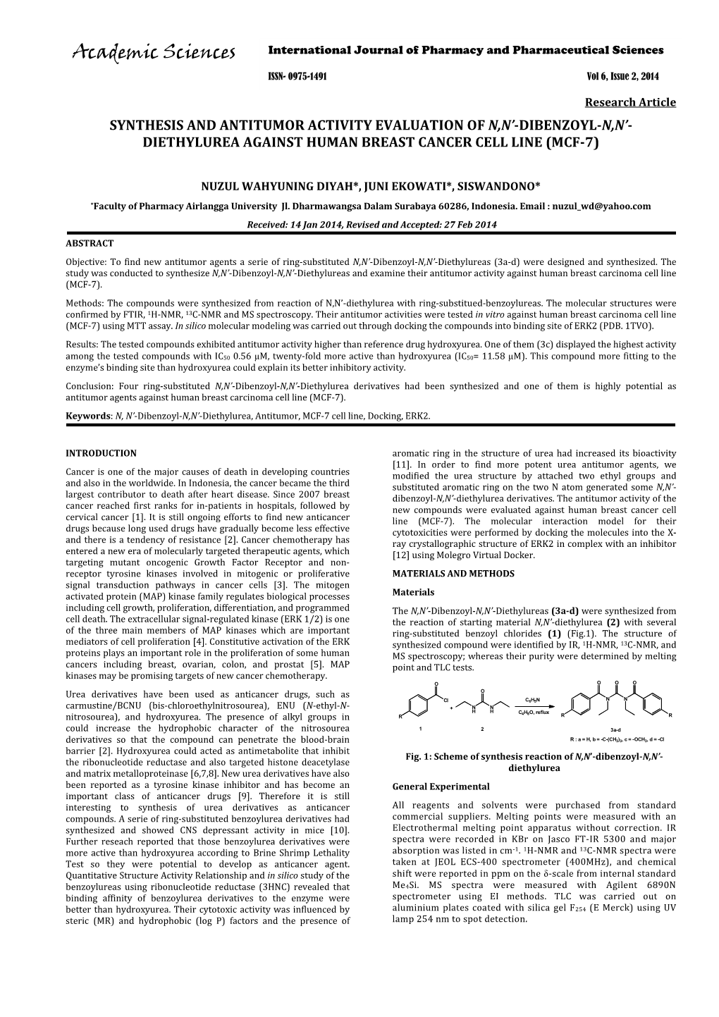 Synthesis and Antitumor Activity Evaluation of N,N’ -Dibenzoyl-N,N’ - Diethylurea Against Human Breast Cancer Cell Line (Mcf-7)