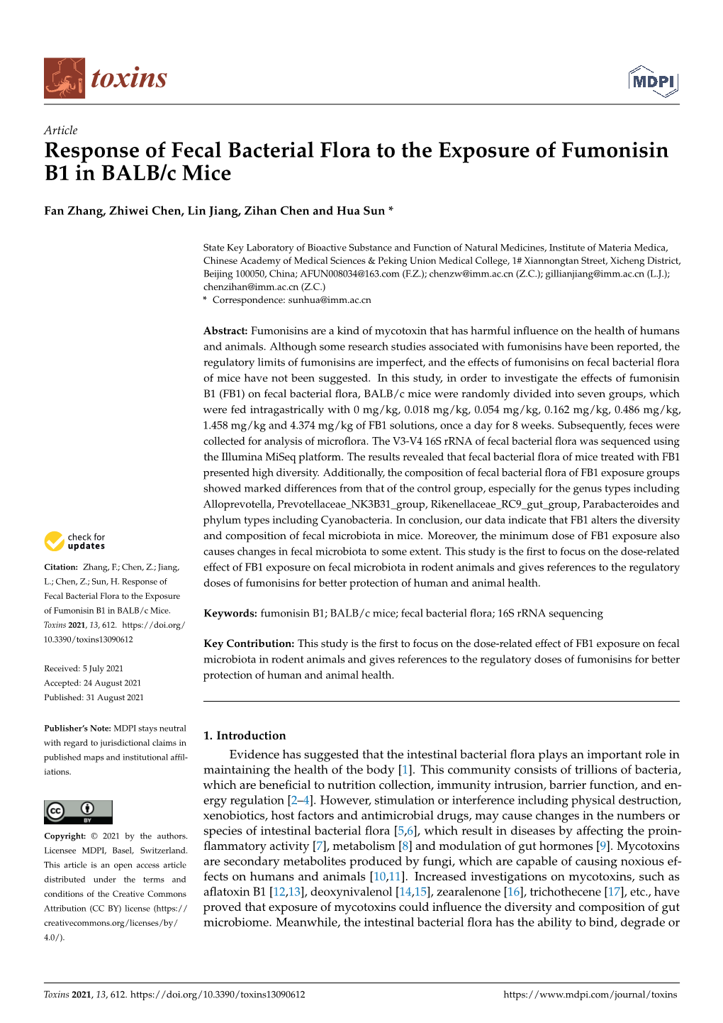 Response of Fecal Bacterial Flora to the Exposure of Fumonisin B1 in BALB/C Mice