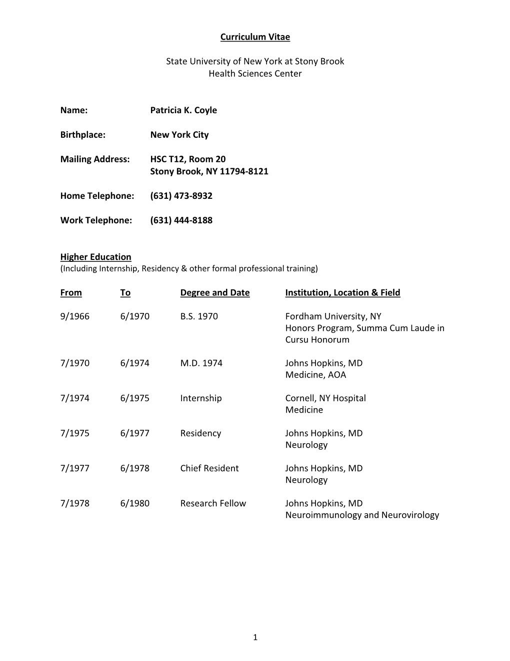 Curriculum Vitae State University of New York at Stony Brook Health