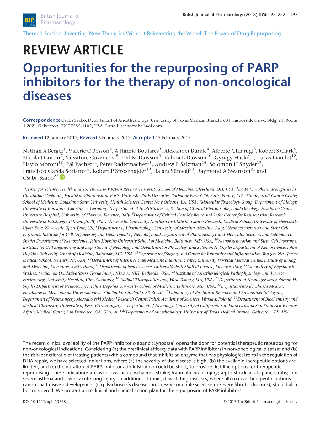 Opportunities for the Repurposing of PARP Inhibitors for the Therapy of Non-Oncological Diseases