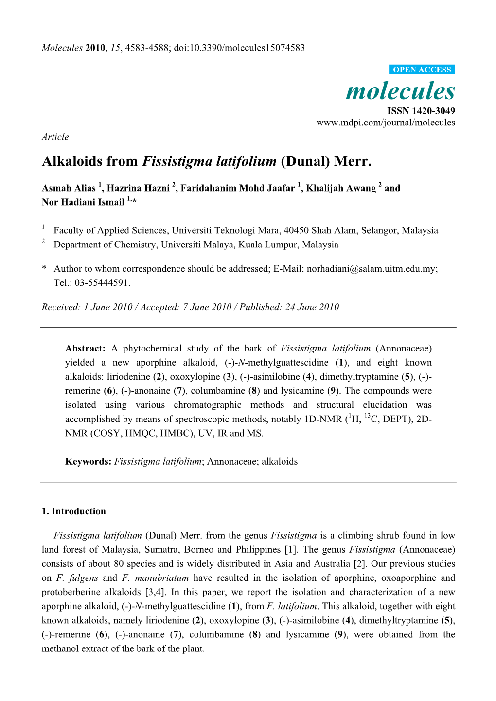 Alkaloids from Fissistigma Latifolium (Dunal) Merr