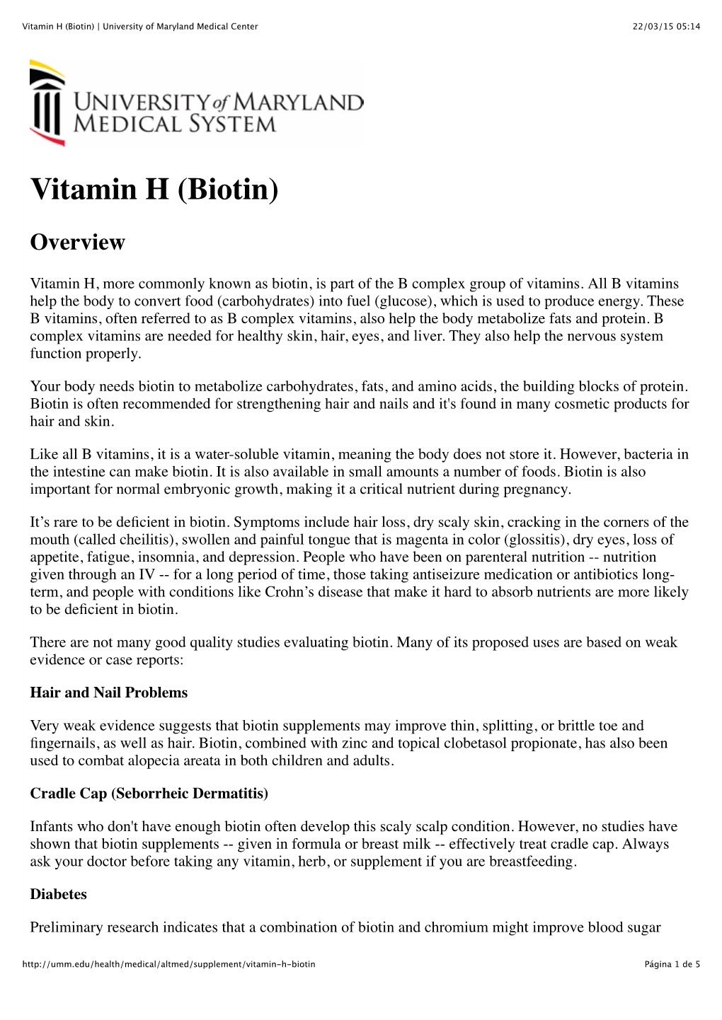 Vitamin H (Biotin) | University of Maryland Medical Center 22/03/15 05:14