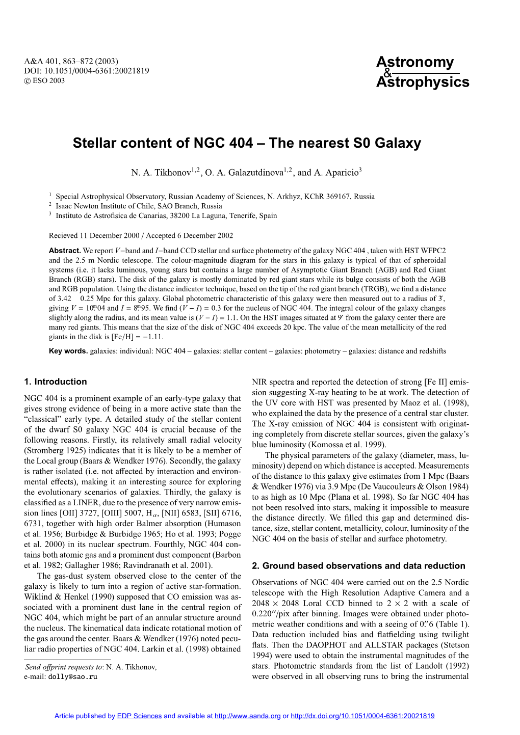 Stellar Content of NGC 404 – the Nearest S0 Galaxy