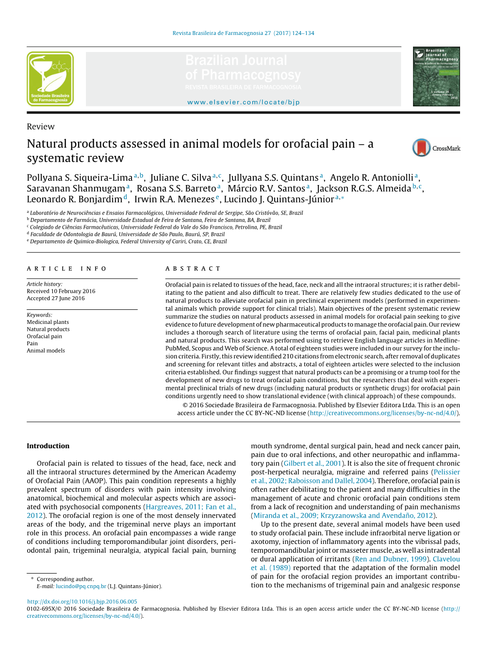 Natural Products Assessed in Animal Models for Orofacial Pain – A