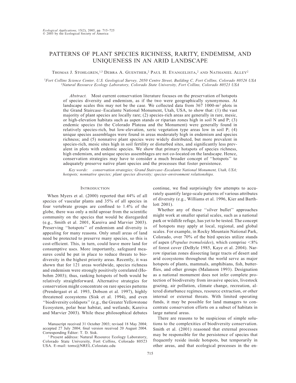 Patterns of Plant Species Richness, Rarity, Endemism, and Uniqueness in an Arid Landscape