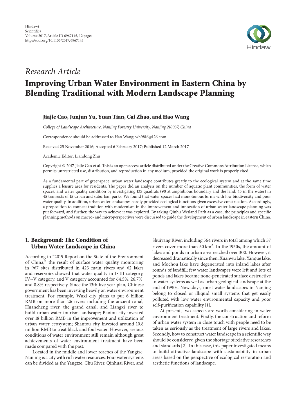 Improving Urban Water Environment in Eastern China by Blending Traditional with Modern Landscape Planning