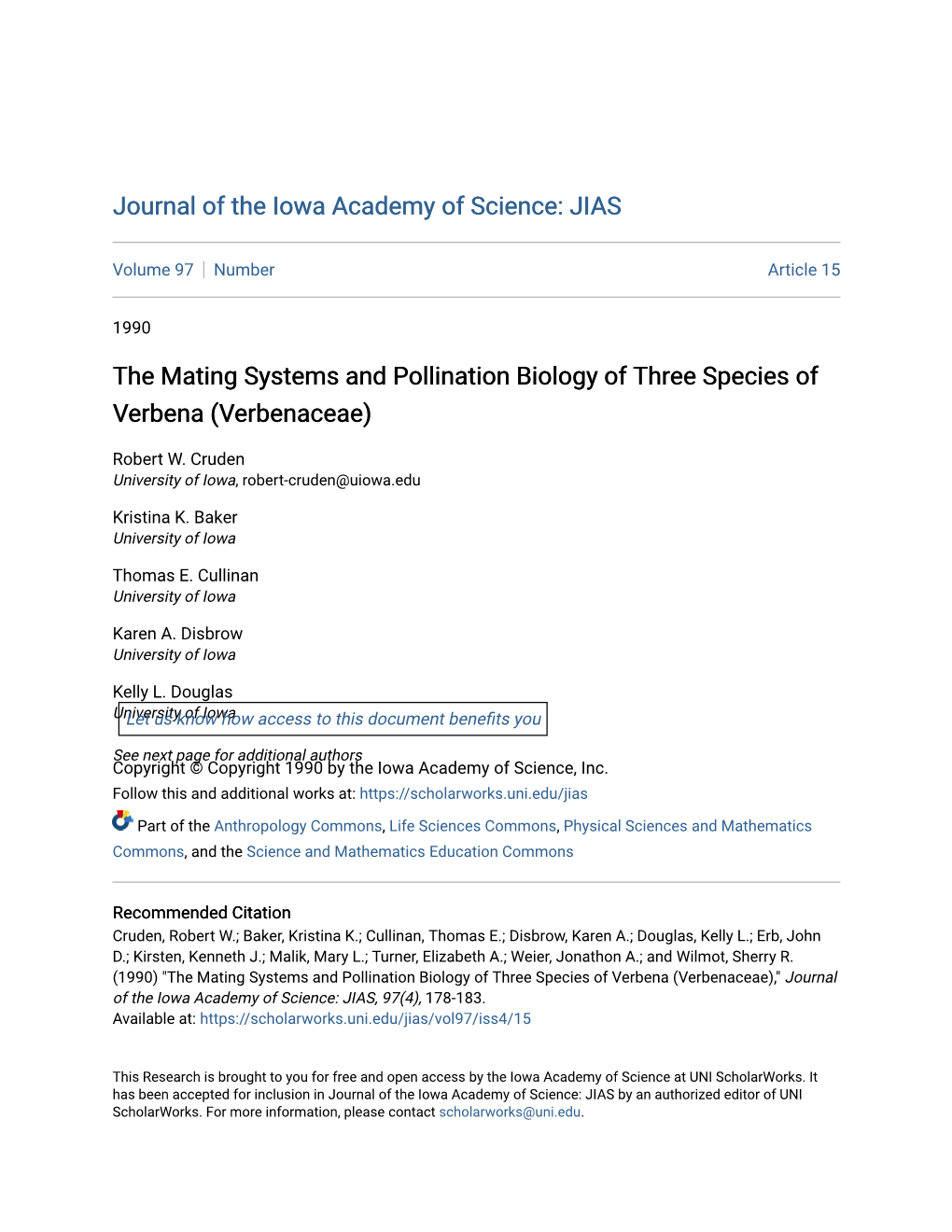 The Mating Systems and Pollination Biology of Three Species of Verbena (Verbenaceae)