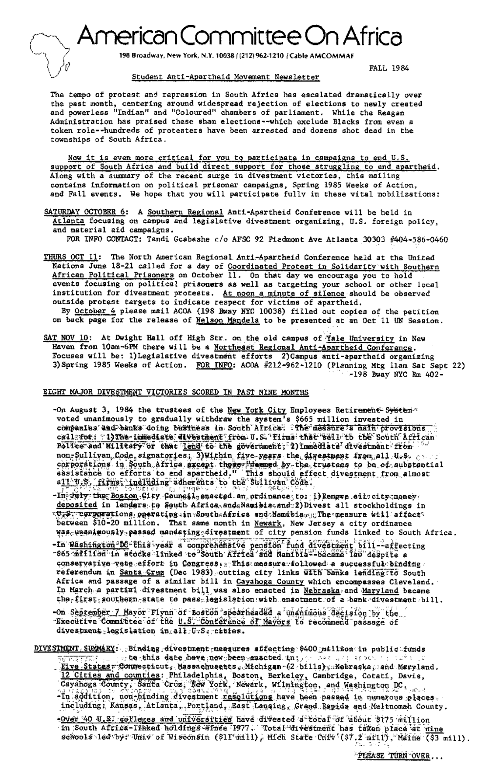 Camerican Committee on Africafall 1984 Student Anti-Apartheid Movement Newsletter