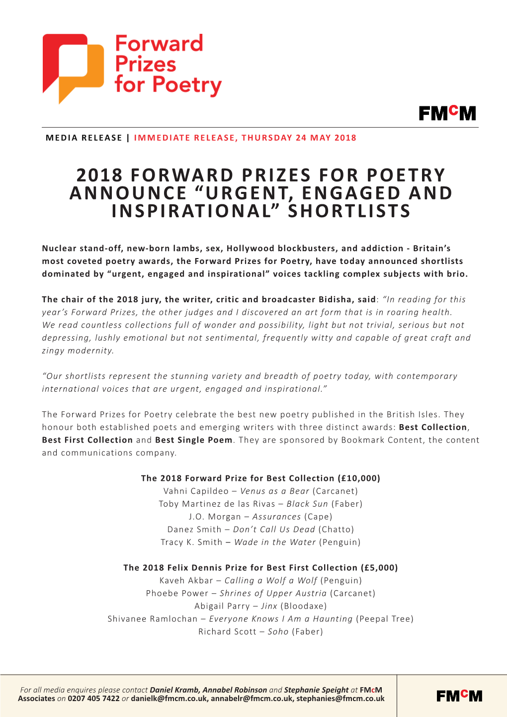 2018 Forward Prizes for Poetry Announce “Urgent, Engaged and Inspirational” Shortlists