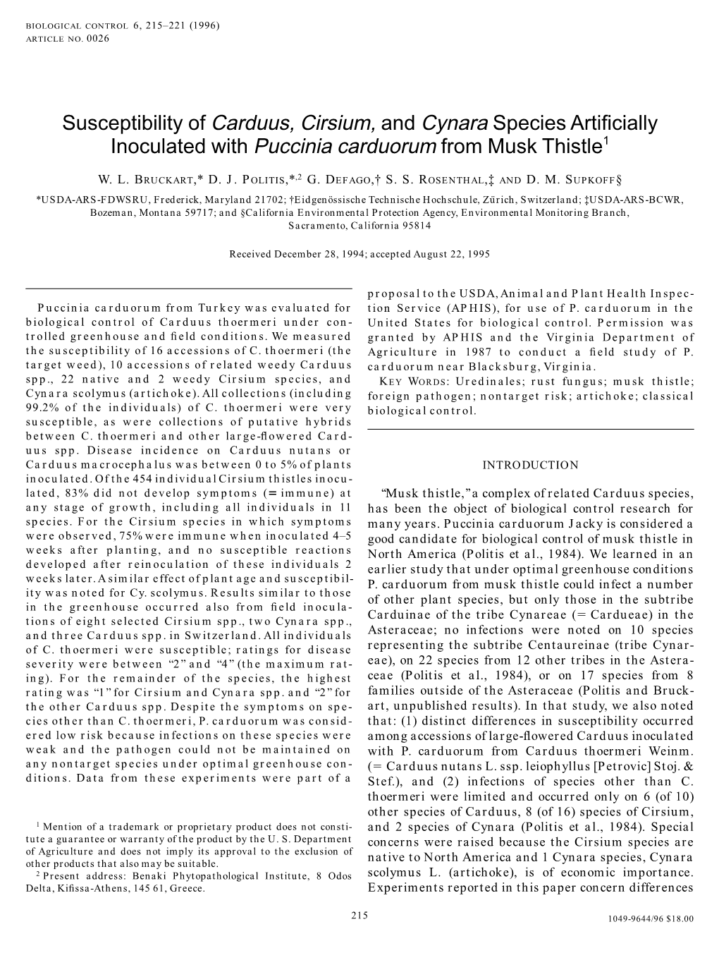 Susceptibility of Carduus, Cirsium,And Cynaraspecies Artificially Inoculated with Puccinia Carduorumfrom Musk Thistle