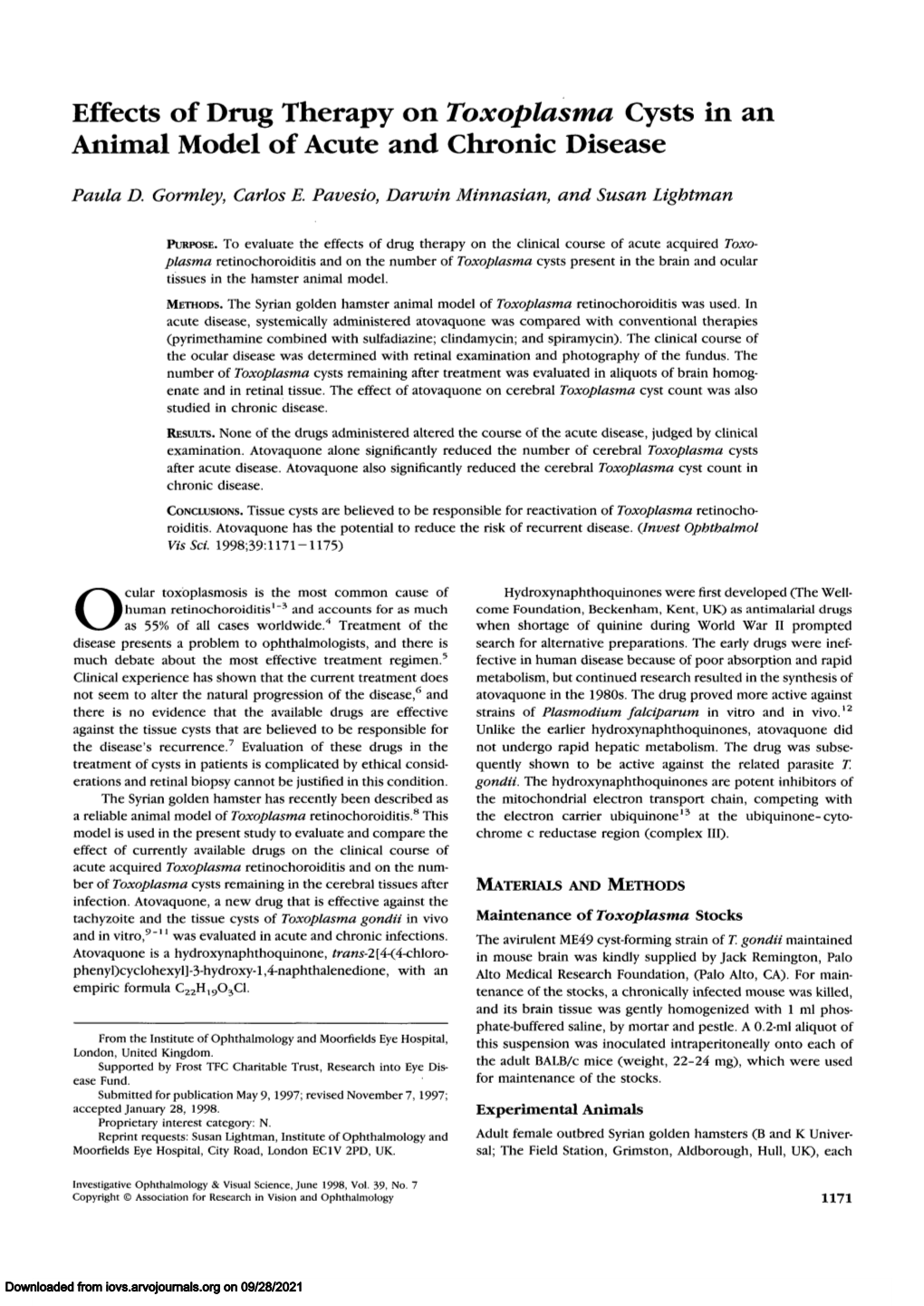 Effects of Drug Therapy Ontoxoplasma Cysts in an Animal