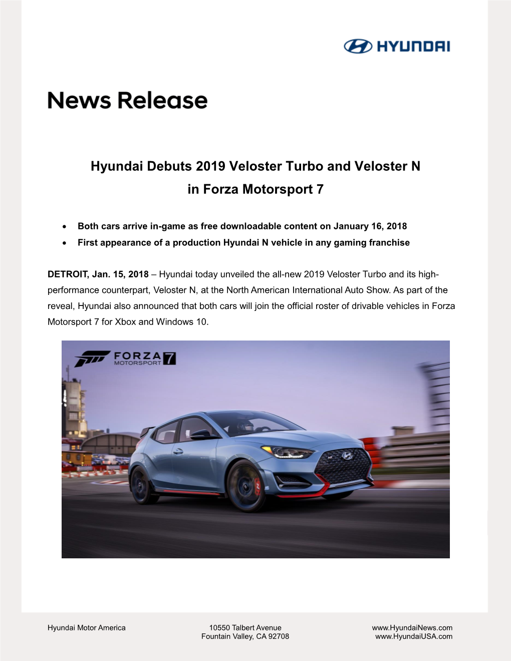 Hyundai Debuts 2019 Veloster Turbo and Veloster N in Forza Motorsport 7