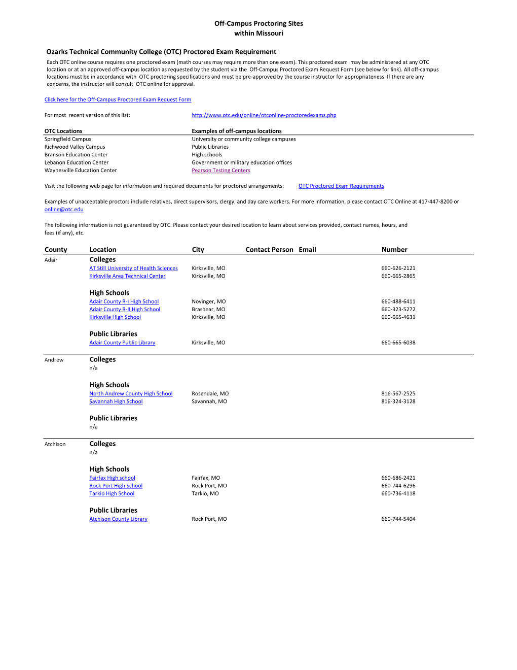 Off-Campus Proctoring Sites Within Missouri Ozarks