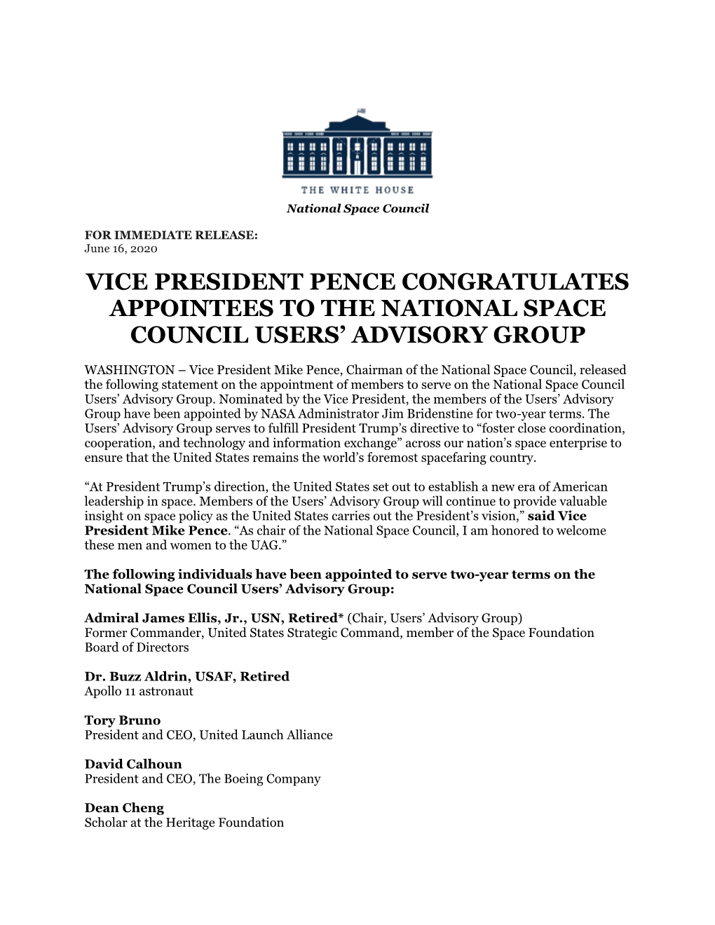 Vice President Pence Congratulates Appointees to the National Space Council Users’ Advisory Group