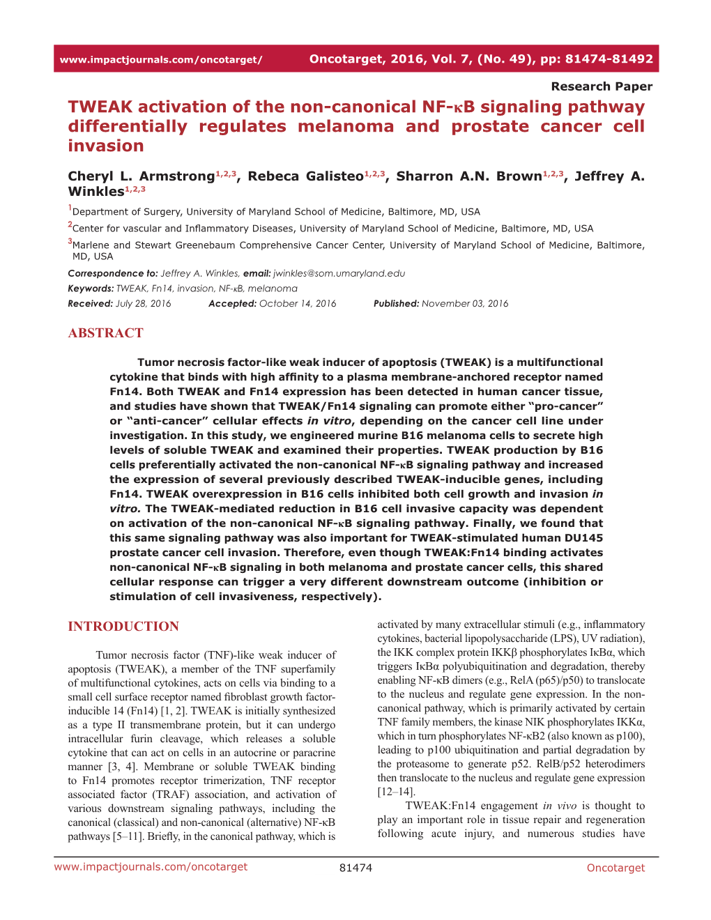 TWEAK Activation of the Non-Canonical NF-Κb Signaling Pathway Differentially Regulates Melanoma and Prostate Cancer Cell Invasion