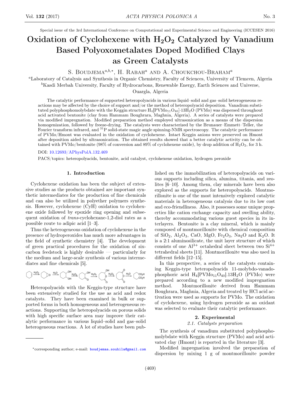 Oxidation of Cyclohexene with H2O2 Catalyzed by Vanadium Based Polyoxometalates Doped Modiﬁed Clays As Green Catalysts S