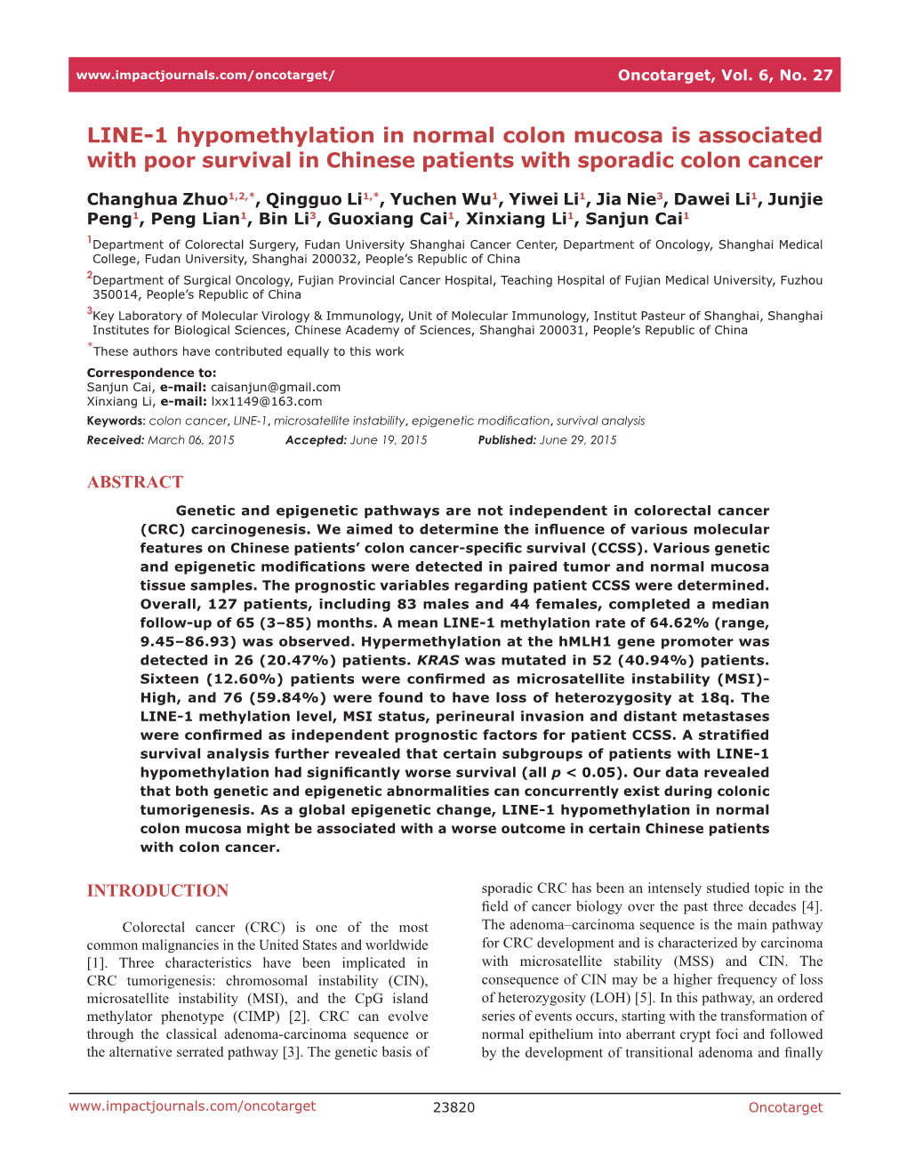 LINE-1 Hypomethylation in Normal Colon Mucosa Is Associated with Poor Survival in Chinese Patients with Sporadic Colon Cancer