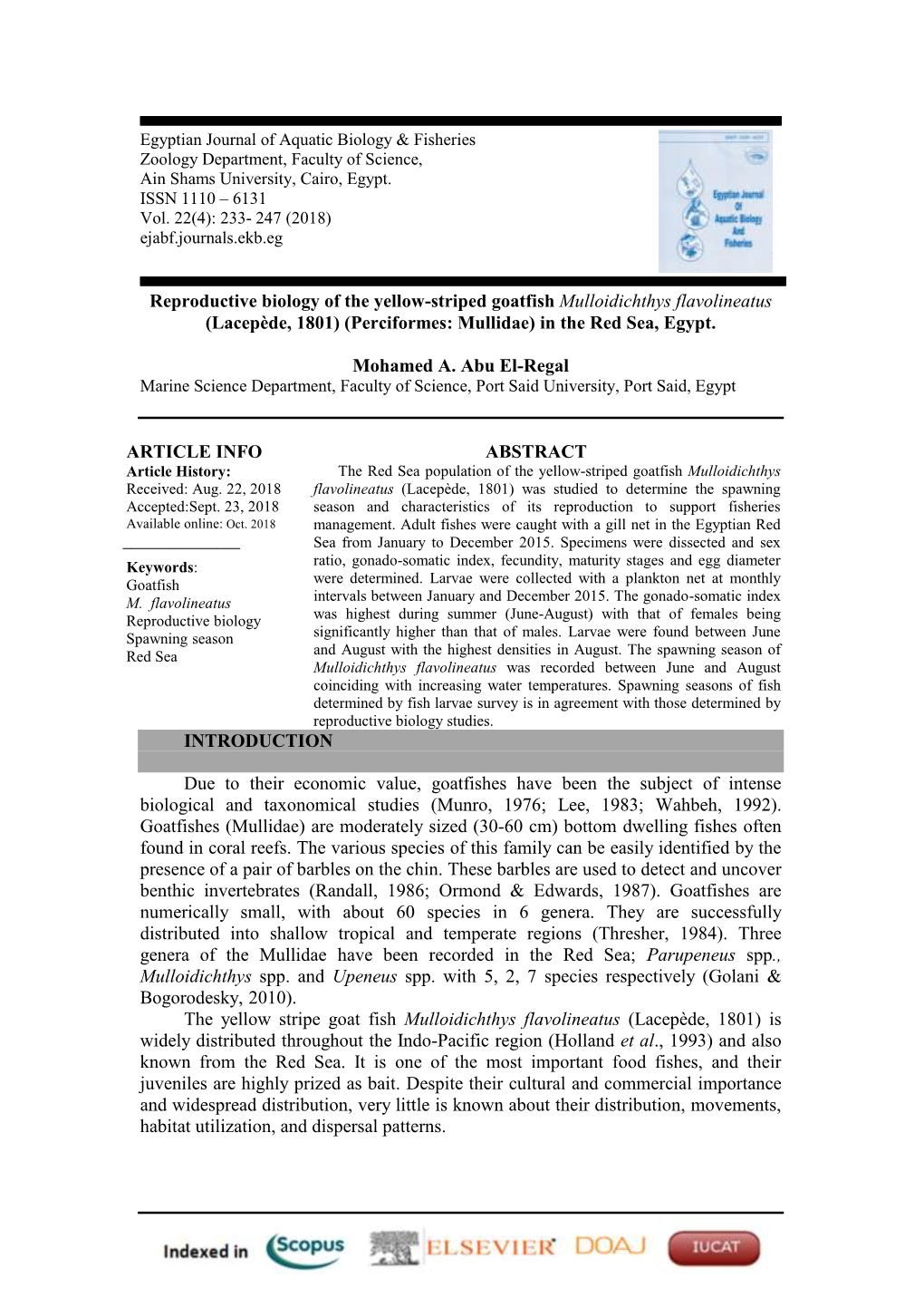 Reproductive Biology of the Yellow-Striped Goatfish Mulloidichthys Flavolineatus (Lacepède, 1801) (Perciformes: Mullidae) in the Red Sea, Egypt