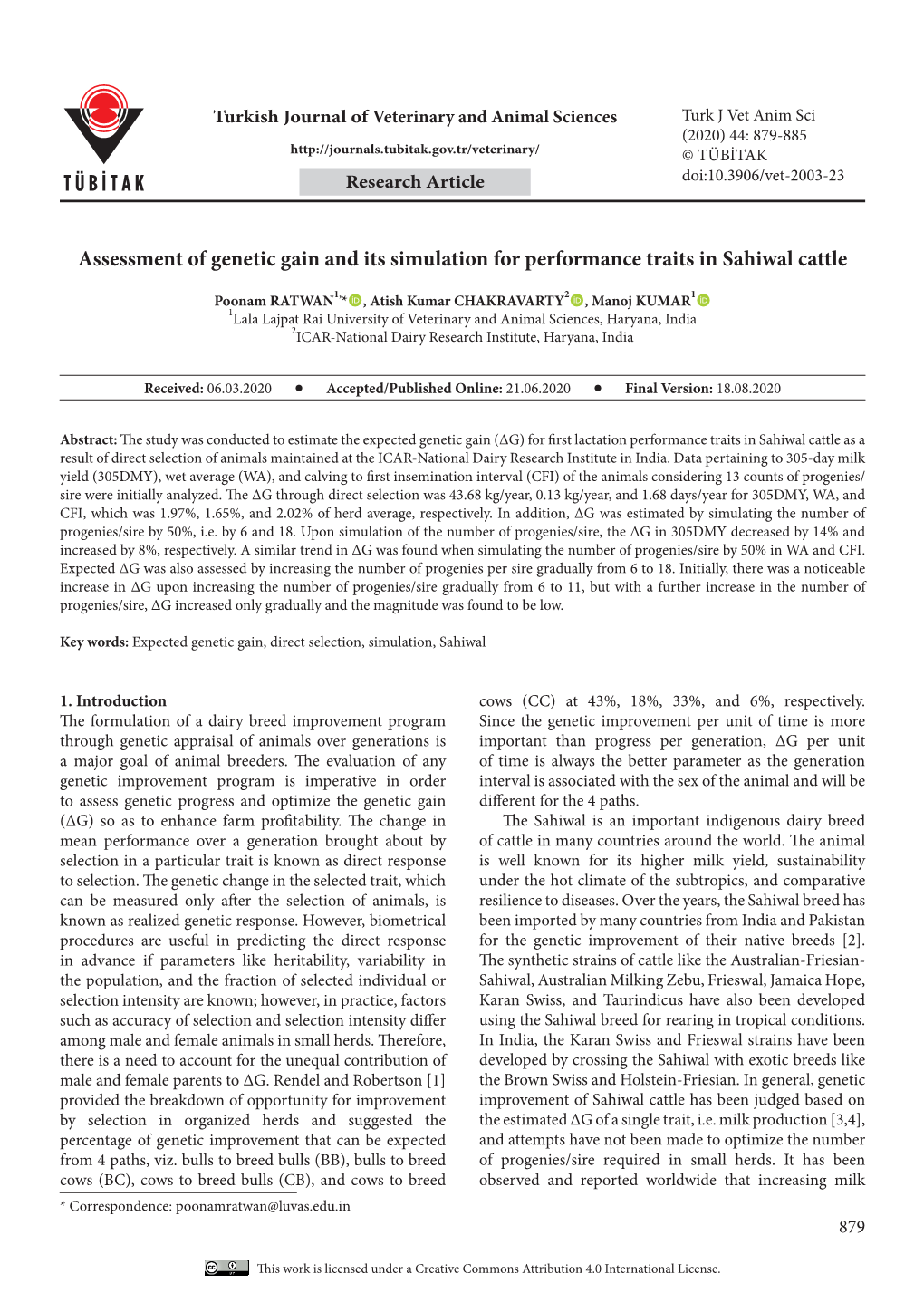Assessment of Genetic Gain and Its Simulation for Performance Traits in Sahiwal Cattle