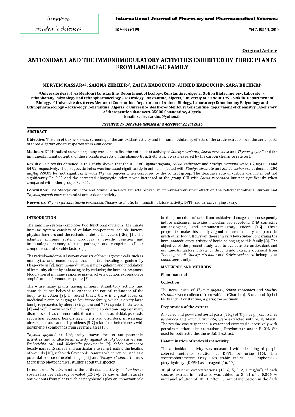 Antioxidant and the Immunomodulatory Activities Exhibited by Three Plants from Lamiaceae Family