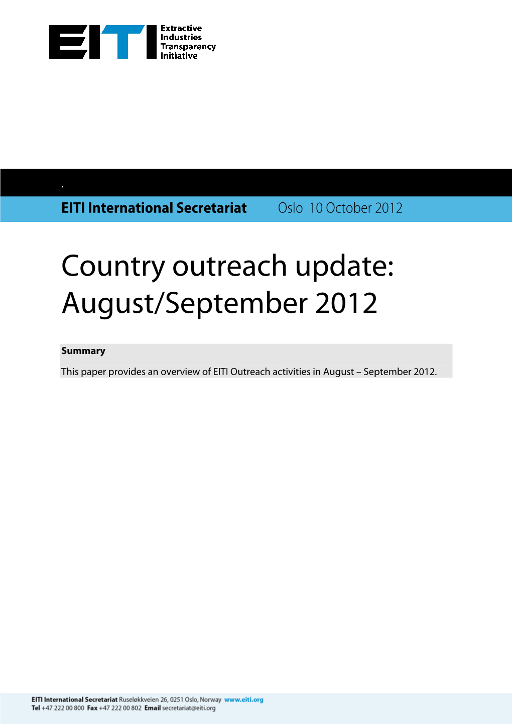 Country Outreach Update: August/September 2012