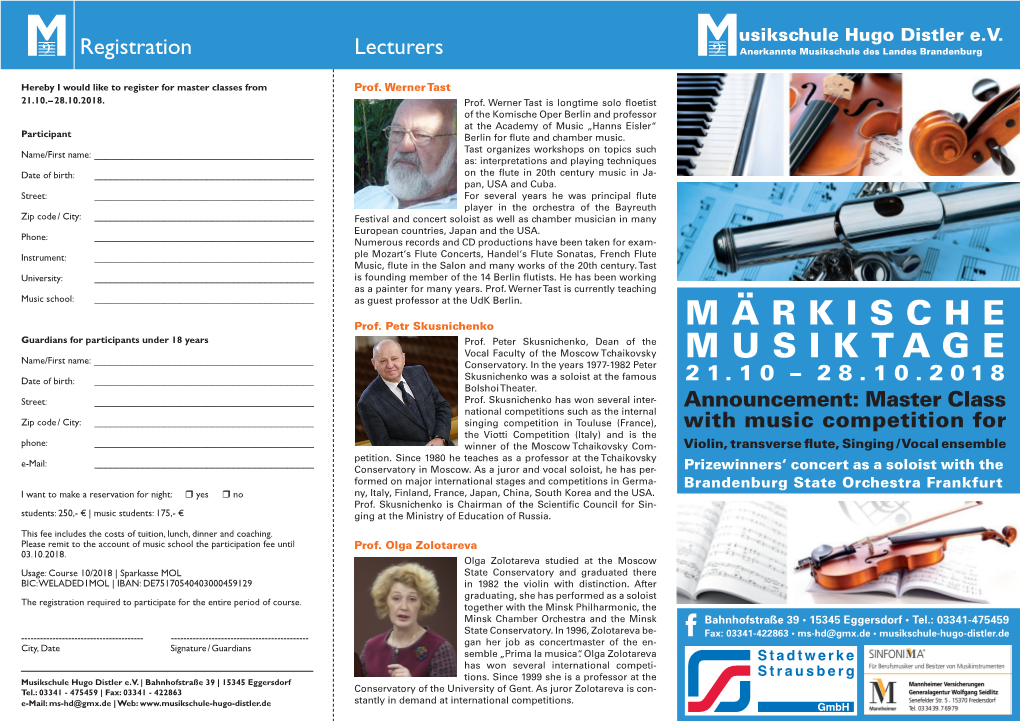 Märkische Musiktage 2018 – Masterclass and Music Competition for Students