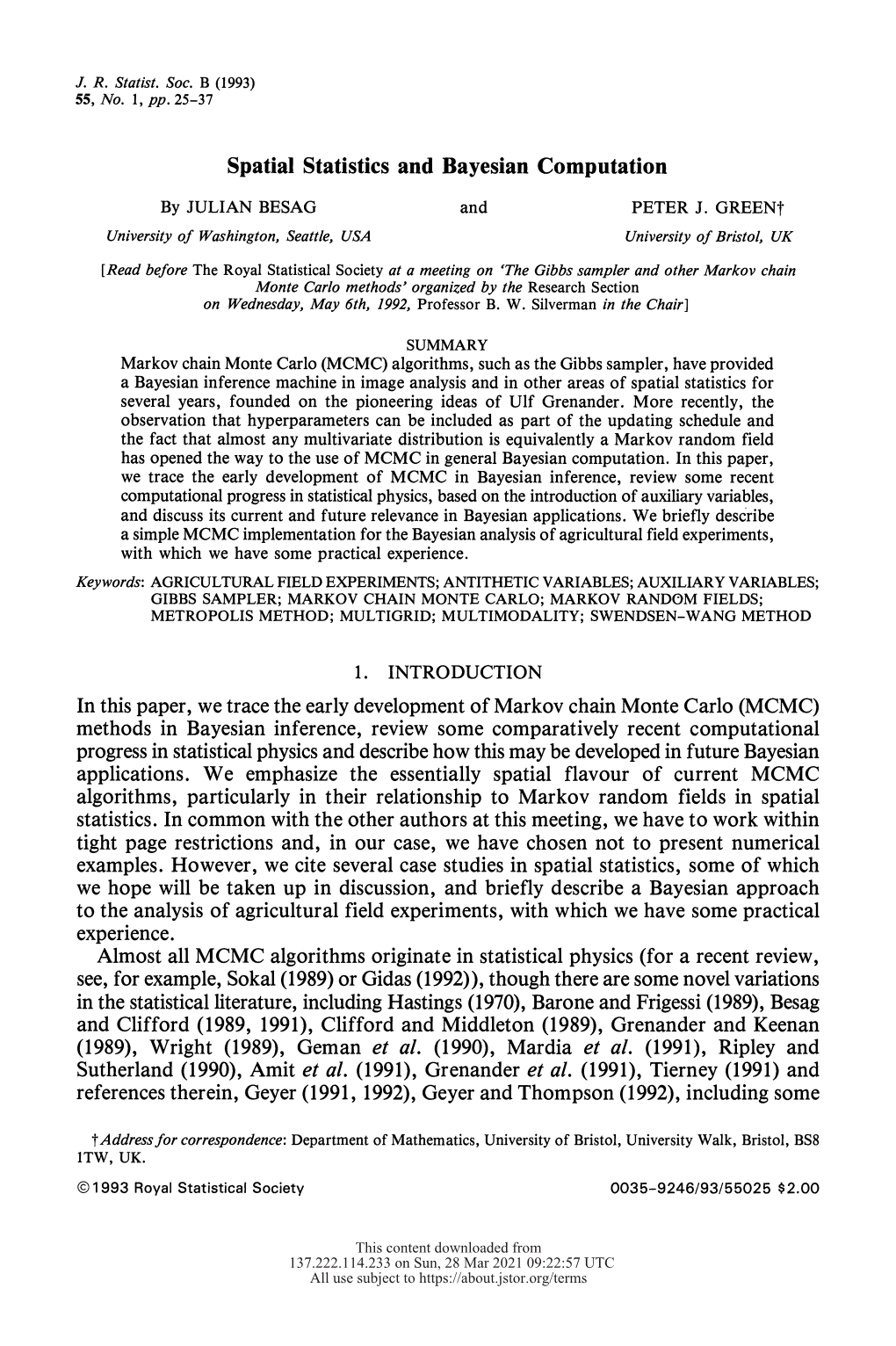 Spatial Statistics and Bayesian Computation