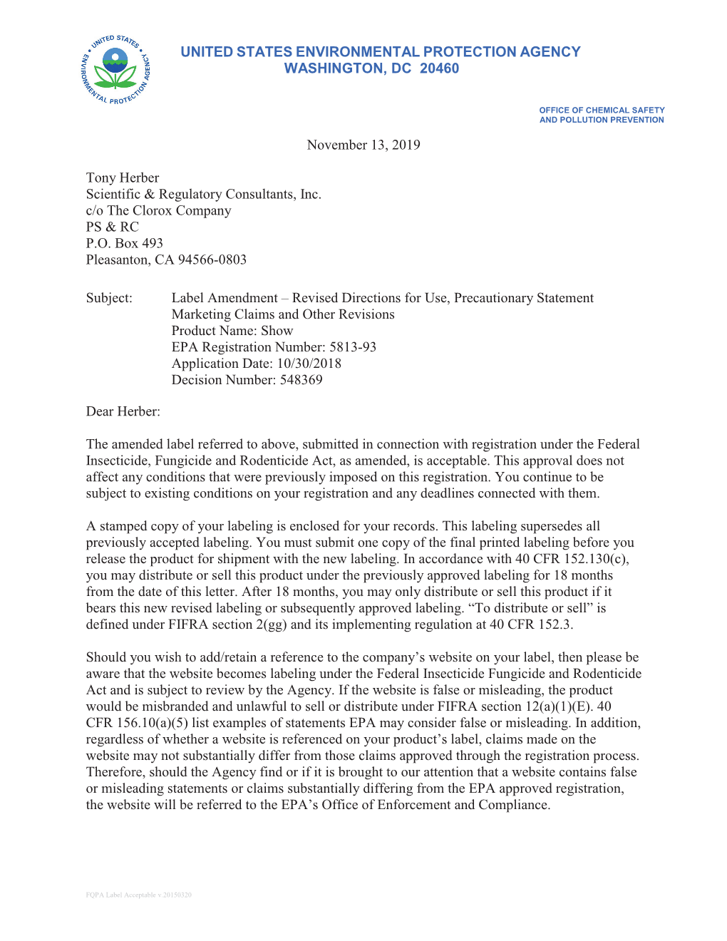 US EPA, Pesticide Product Label, SHOW,11/13/2019