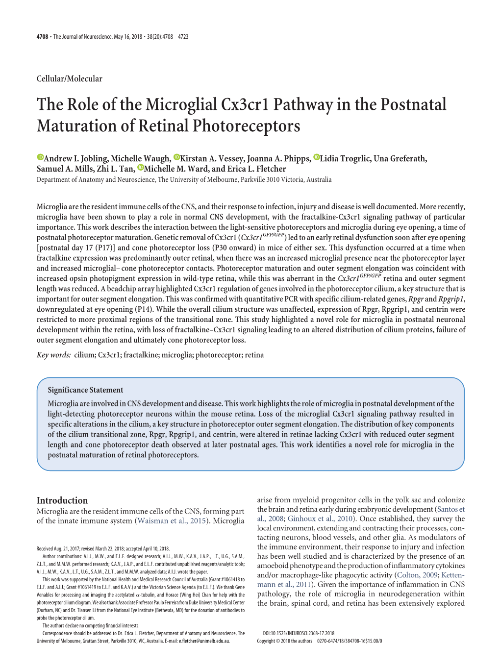 The Role of the Microglial Cx3cr1 Pathway in the Postnatal Maturation of Retinal Photoreceptors