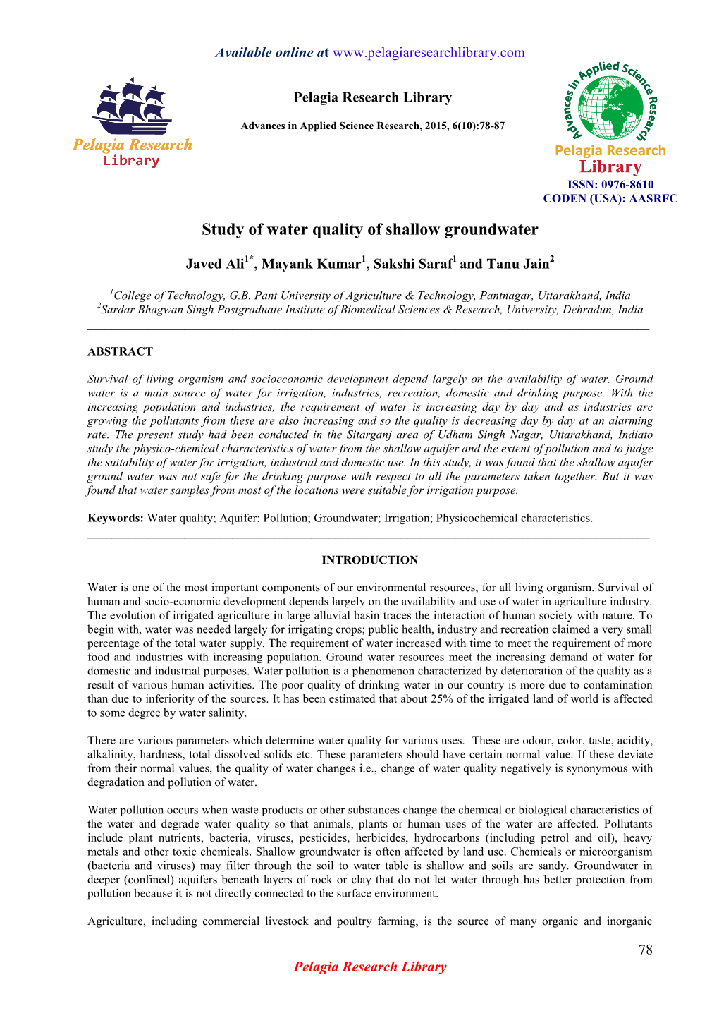 Study of Water Quality of Shallow Groundwater