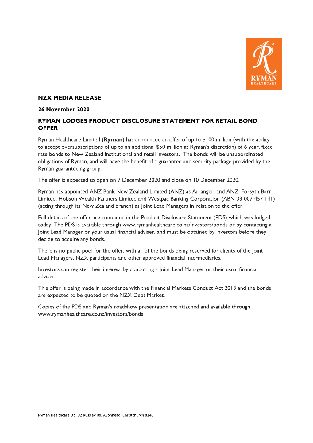 NZX MEDIA RELEASE 26 November 2020 RYMAN LODGES PRODUCT