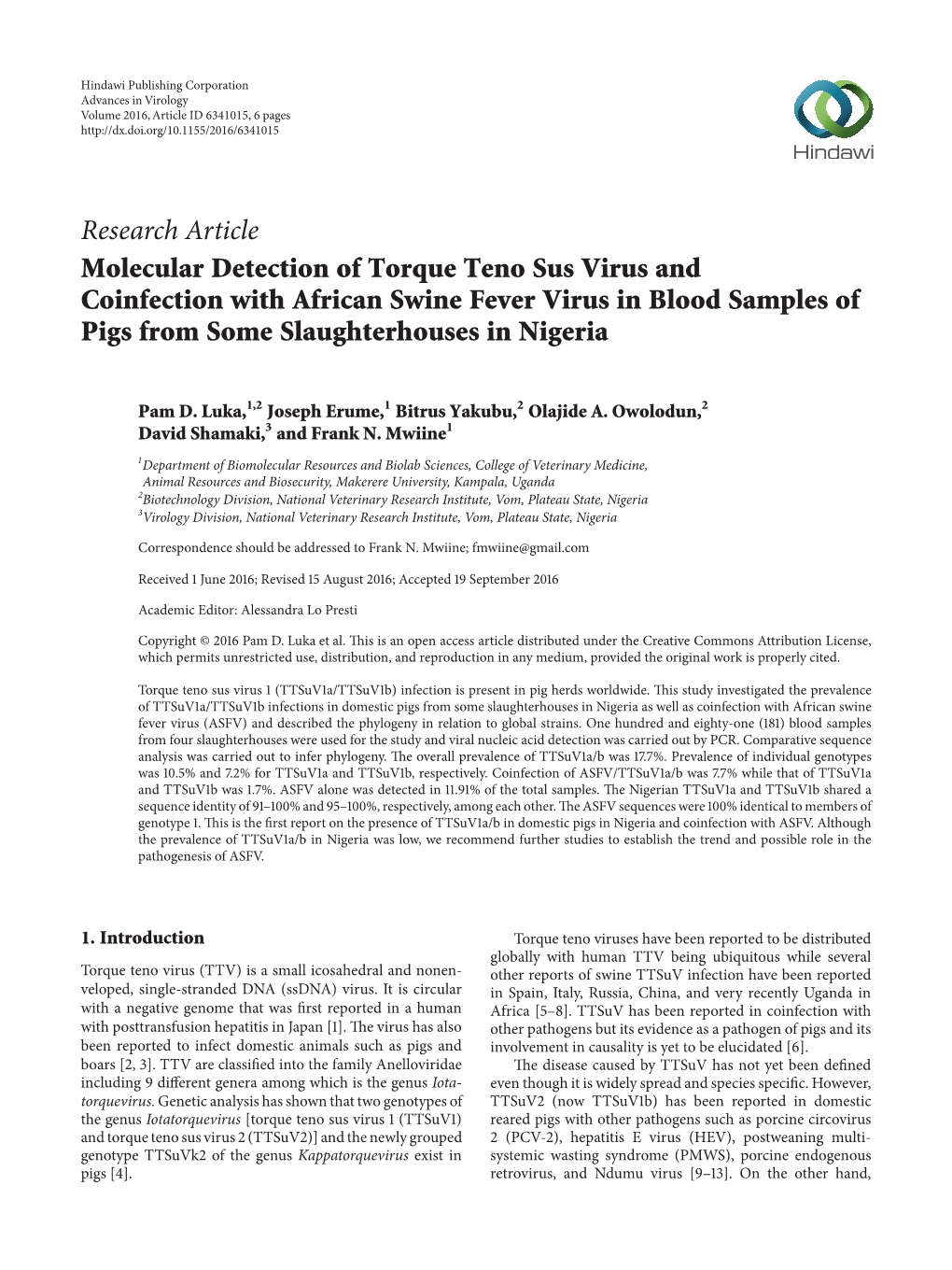 Molecular Detection of Torque Teno Sus Virus and Coinfection with African Swine Fever Virus in Blood Samples of Pigs from Some Slaughterhouses in Nigeria