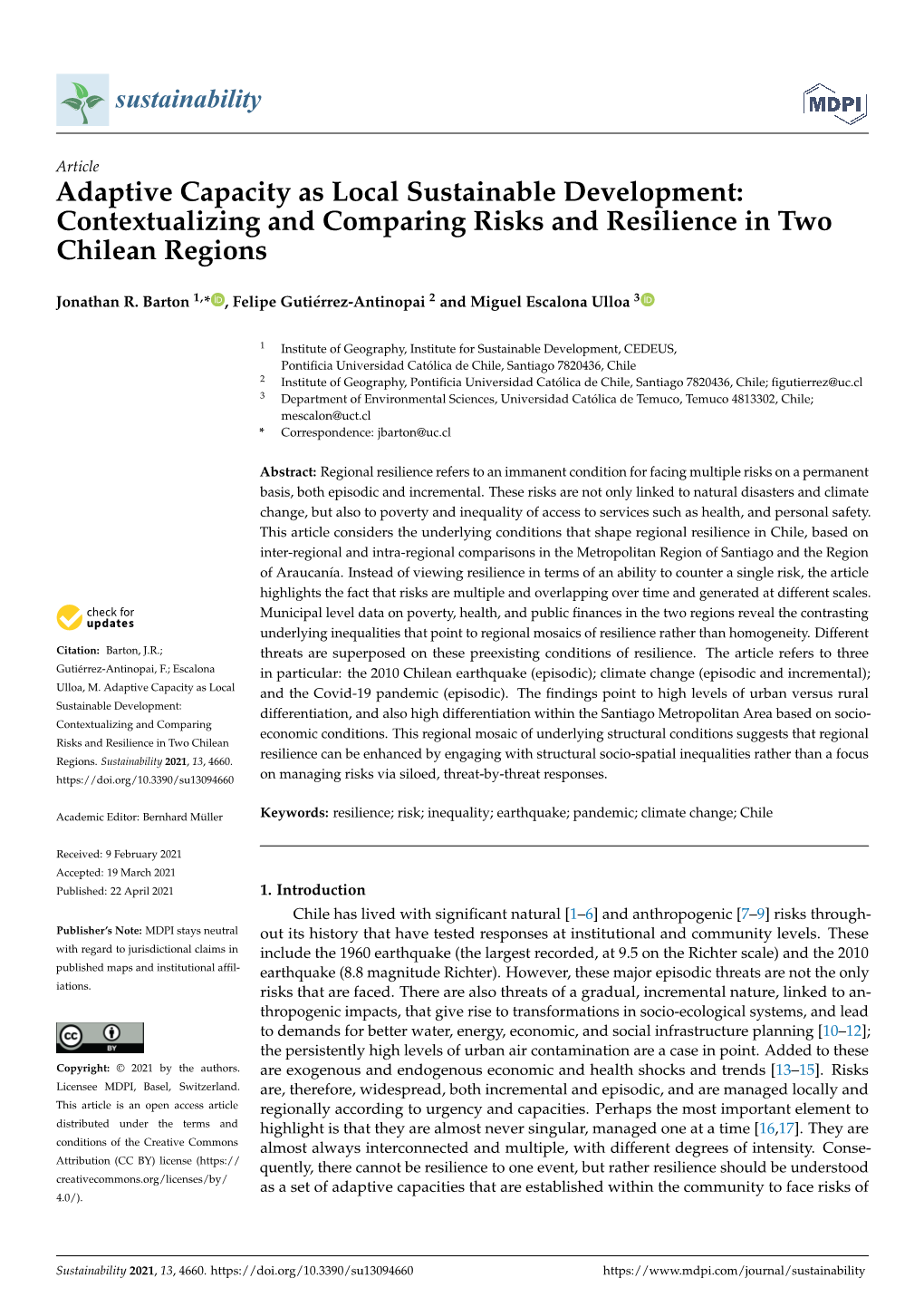 Adaptive Capacity As Local Sustainable Development: Contextualizing and Comparing Risks and Resilience in Two Chilean Regions