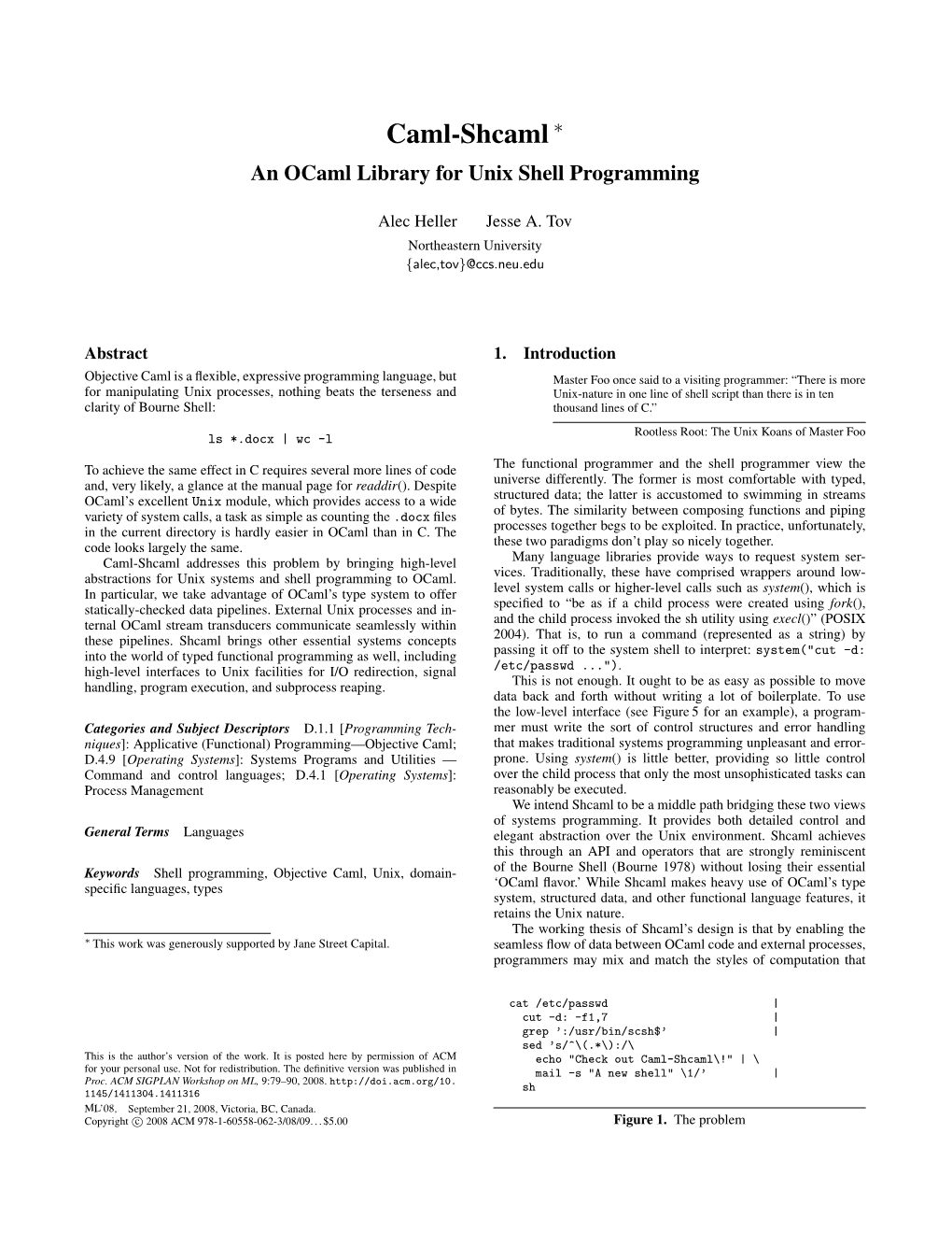 Caml-Shcaml ∗ an Ocaml Library for Unix Shell Programming