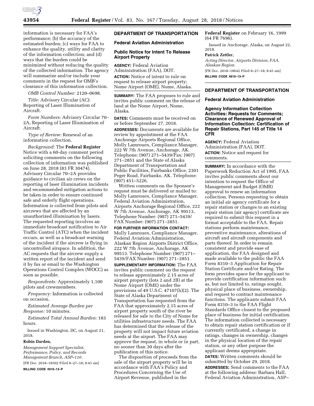 Federal Register/Vol. 83, No. 167/Tuesday, August 28, 2018