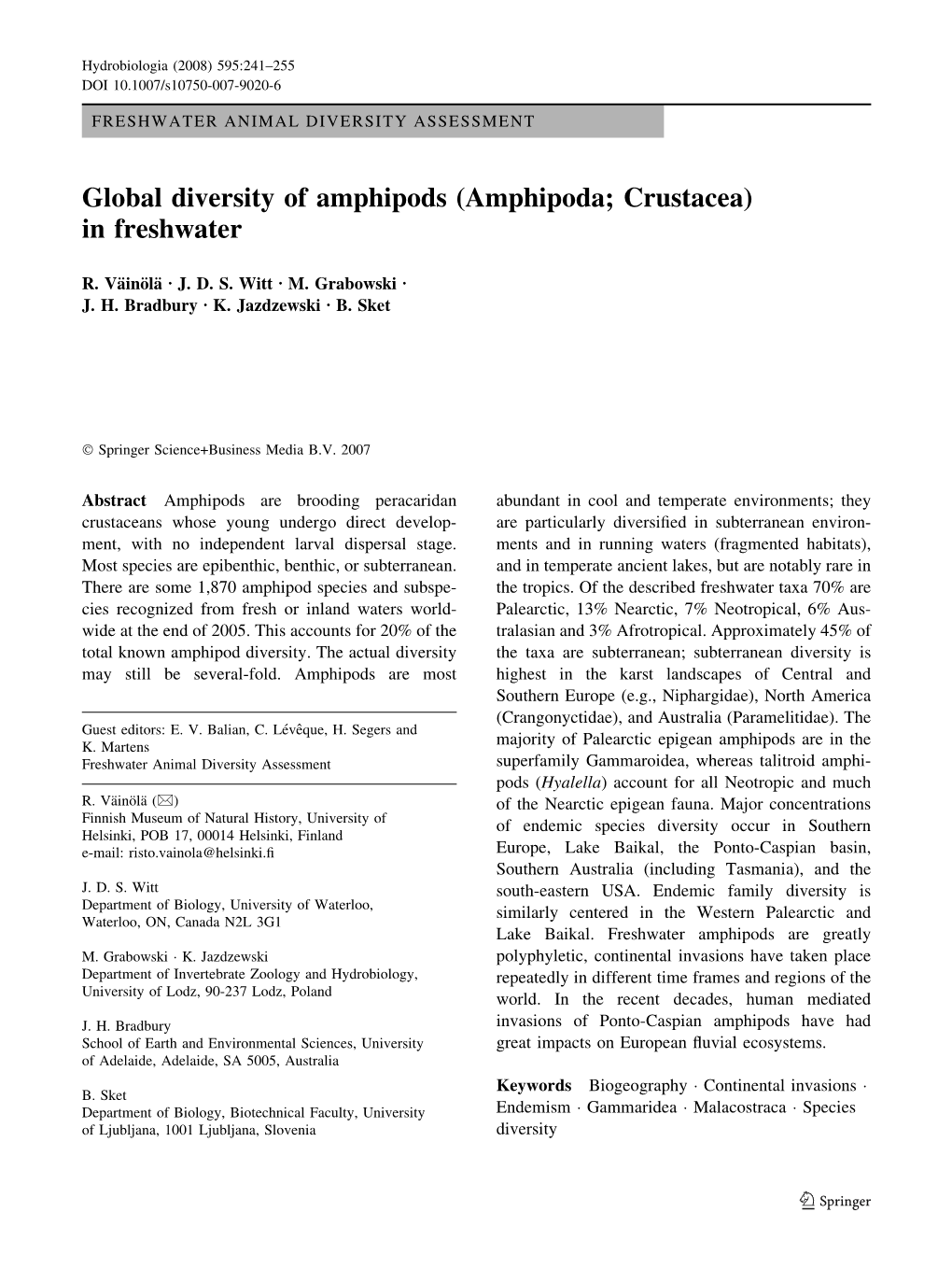 Global Diversity of Amphipods (Amphipoda; Crustacea) in Freshwater