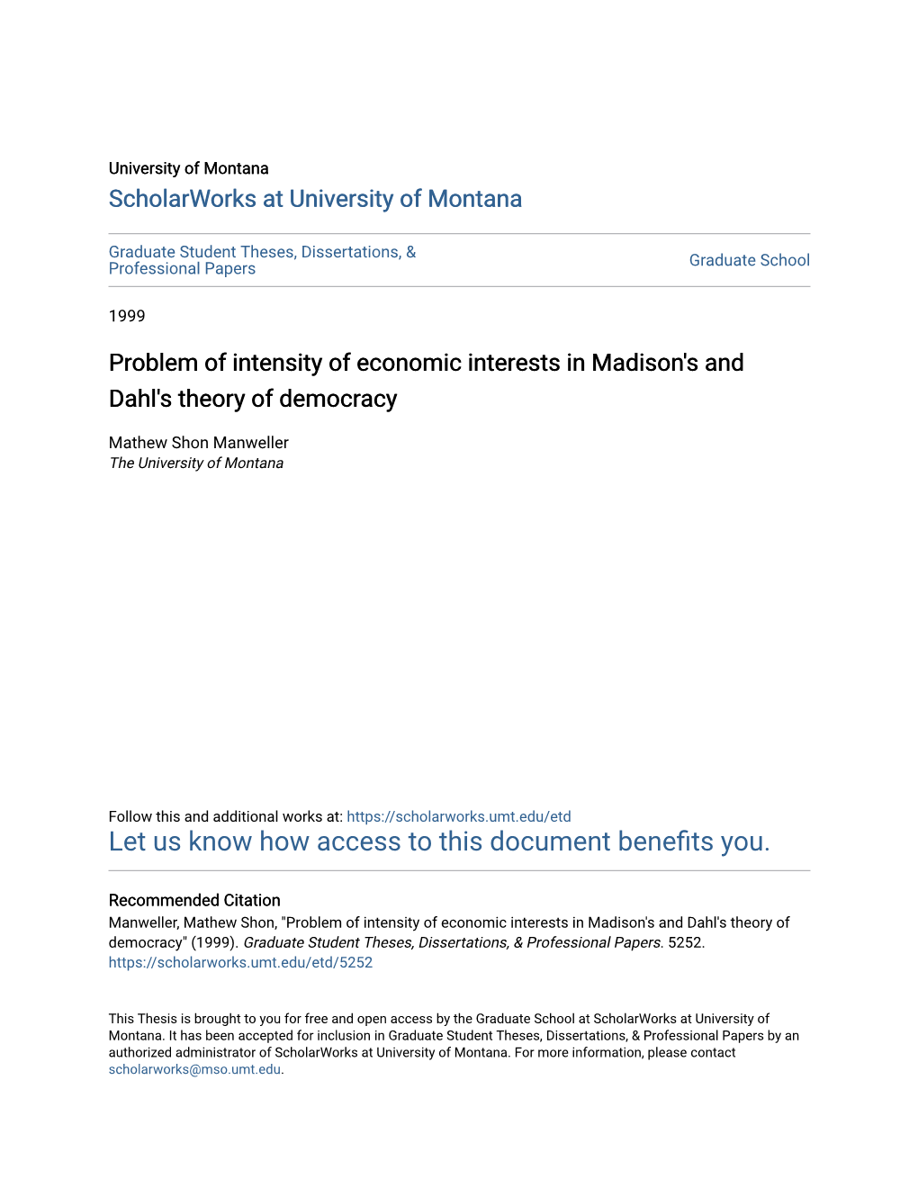 Problem of Intensity of Economic Interests in Madison's and Dahl's Theory of Democracy