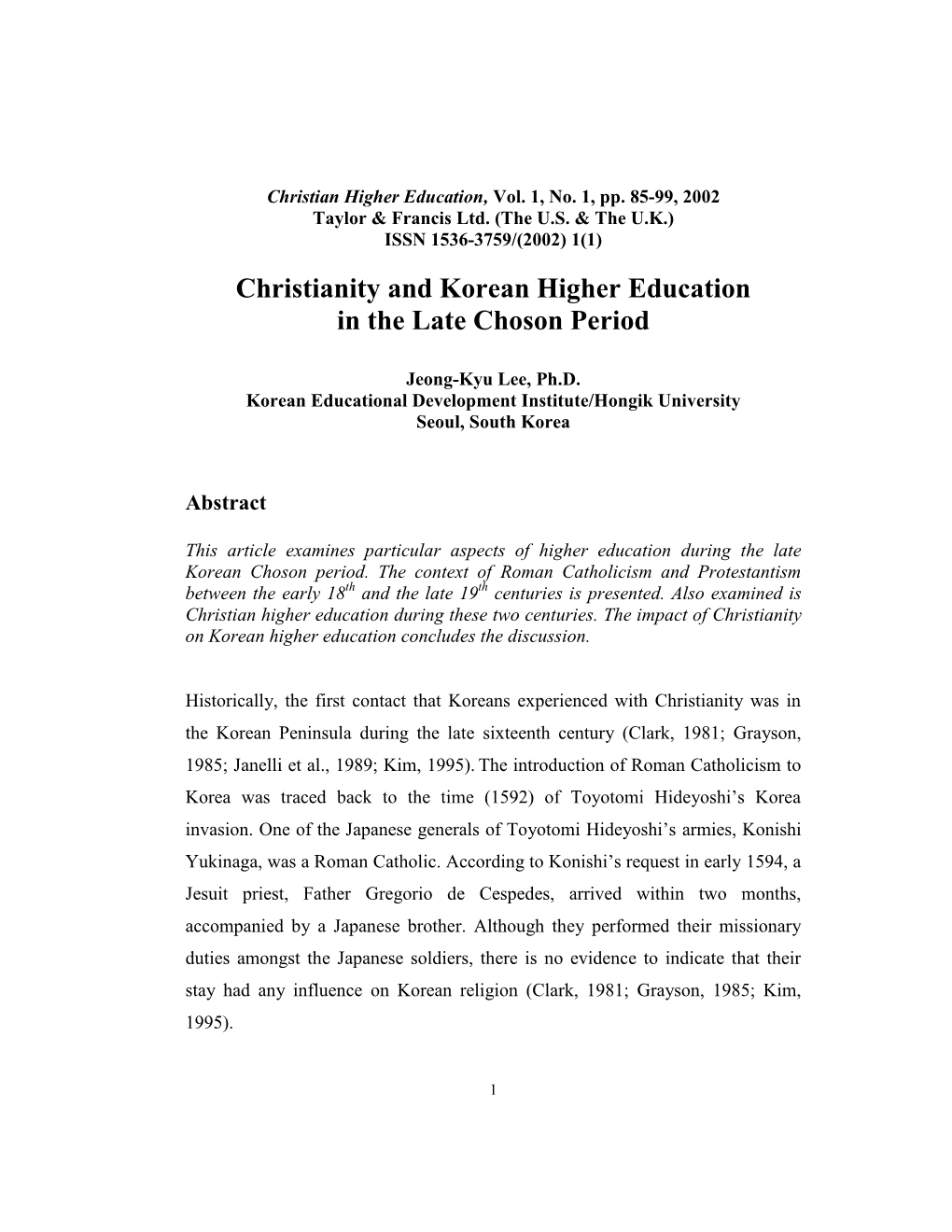 Christianity and Korean Higher Education in the Late Choson Period