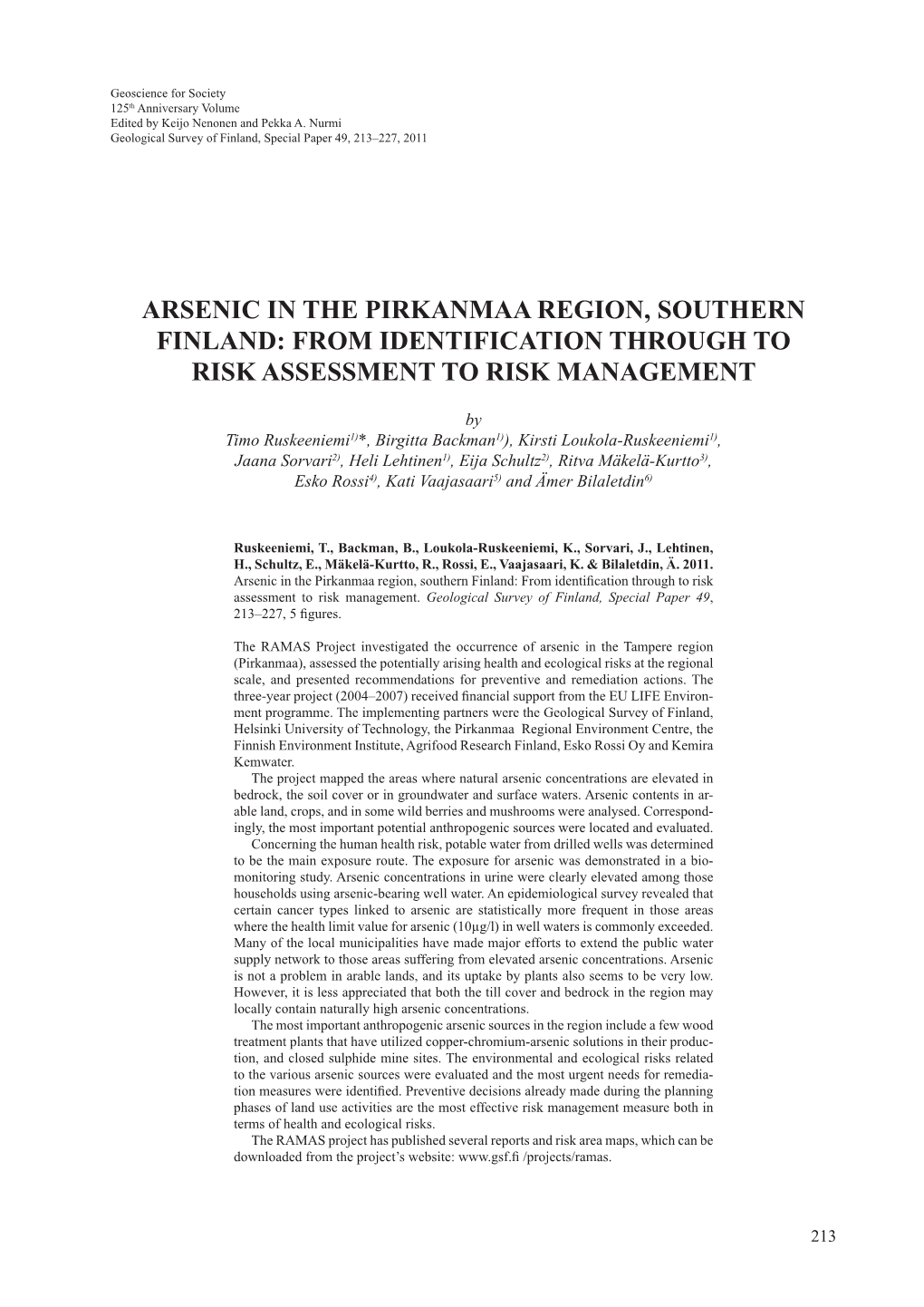 Arsenic in the Pirkanmaa Region, Southern Finland: from Identification Through to Risk Assessment to Risk Management