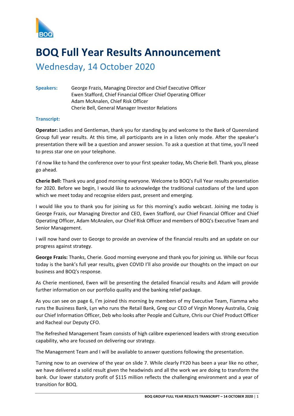 Results Transcript – 14 October 2020 | 1