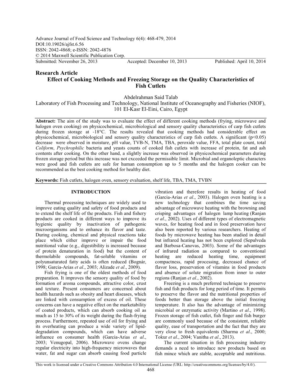 Effect of Cooking Methods and Freezing Storage on the Quality Characteristics of Fish Cutlets