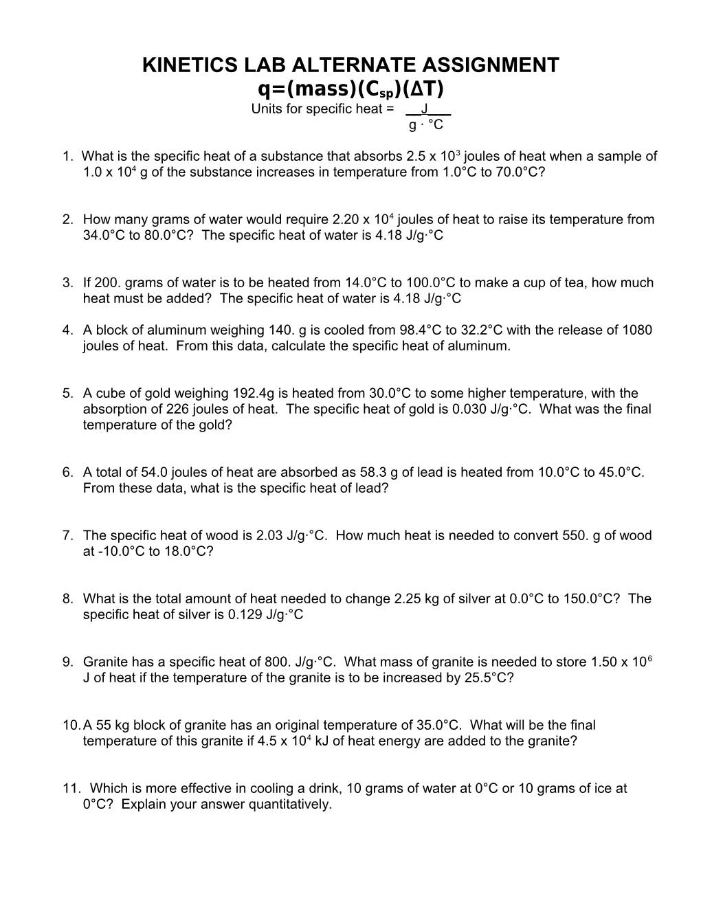 Specific Heat Worksheet