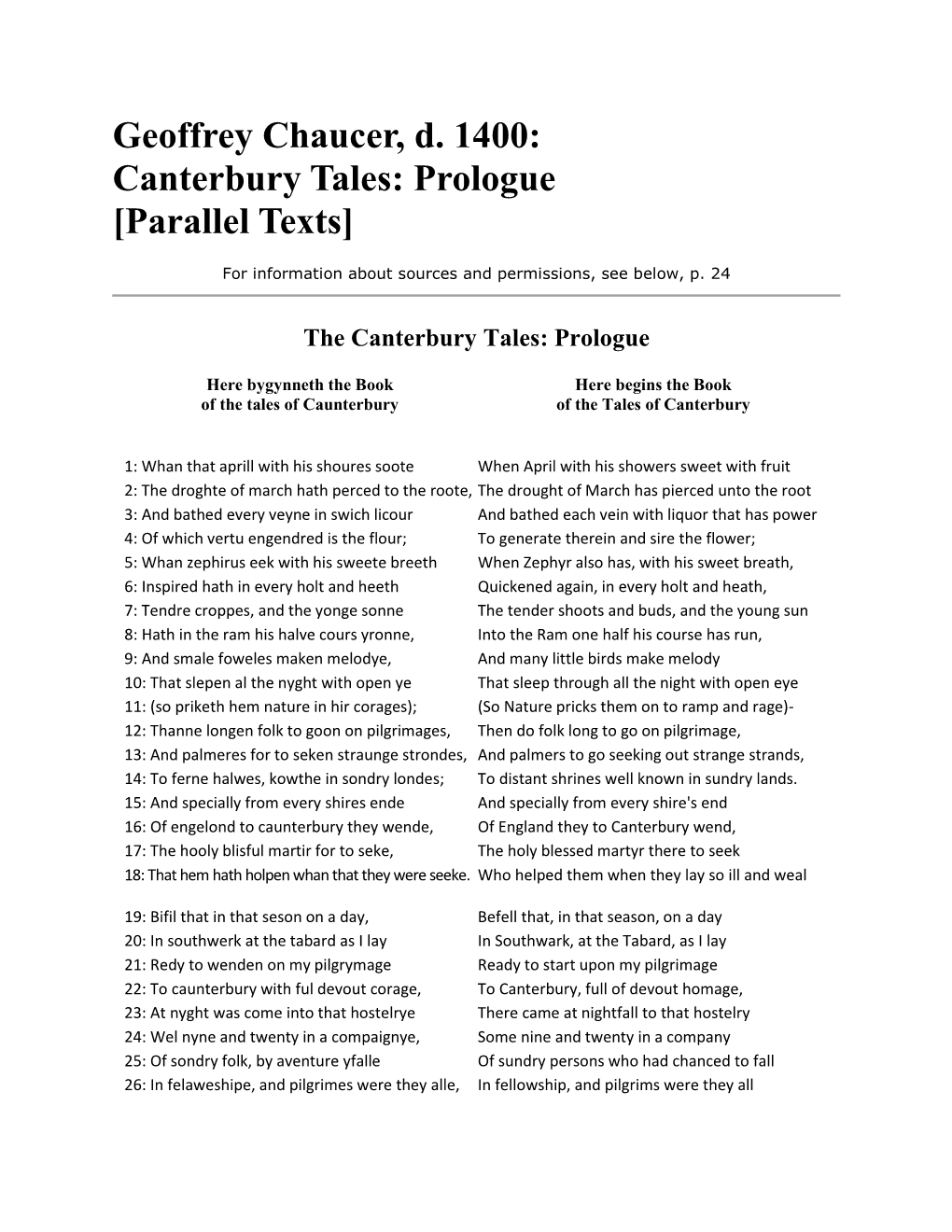 Geoffrey Chaucer, D. 1400: Canterbury Tales: Prologue [Parallel Texts]